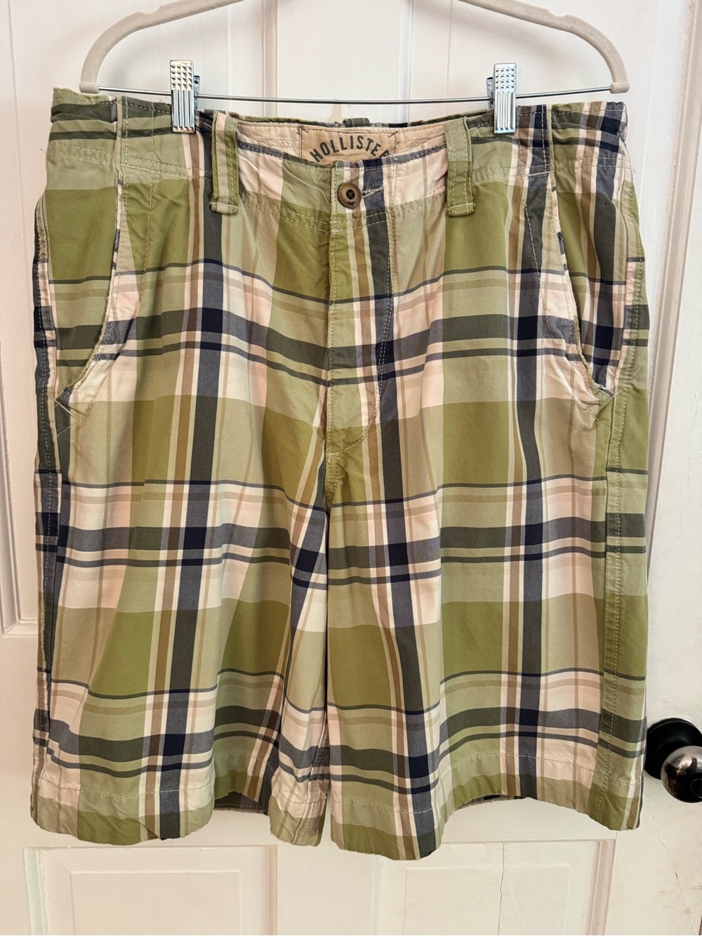 VTG Hollister Plaid Shorts Men 33 Green Blue Button Fly Cotton Y2K Flat Front